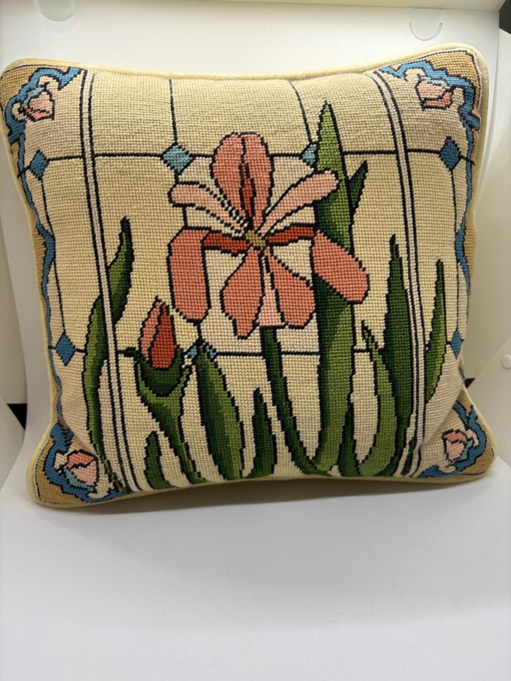 Needlepoint Iris Stained Glass VTG Pillow Yellow Velvet